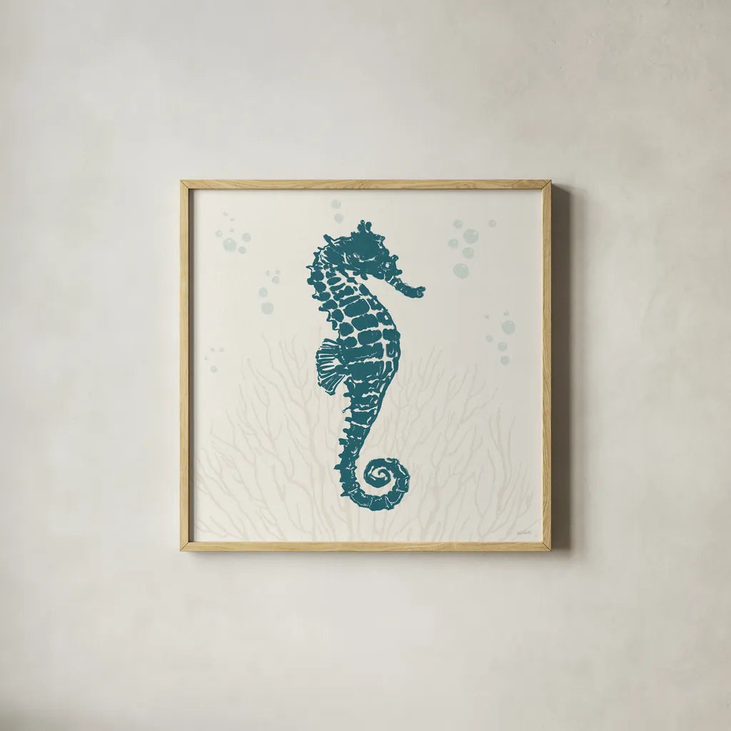 Seaside Style II Blue by Anne Tavoletti. Shown in a natural wood glass frame for a timeless modern aesthetic. Available as an archival giclee rolled canvas, fine art paper, or poster print. SKU 82962a.