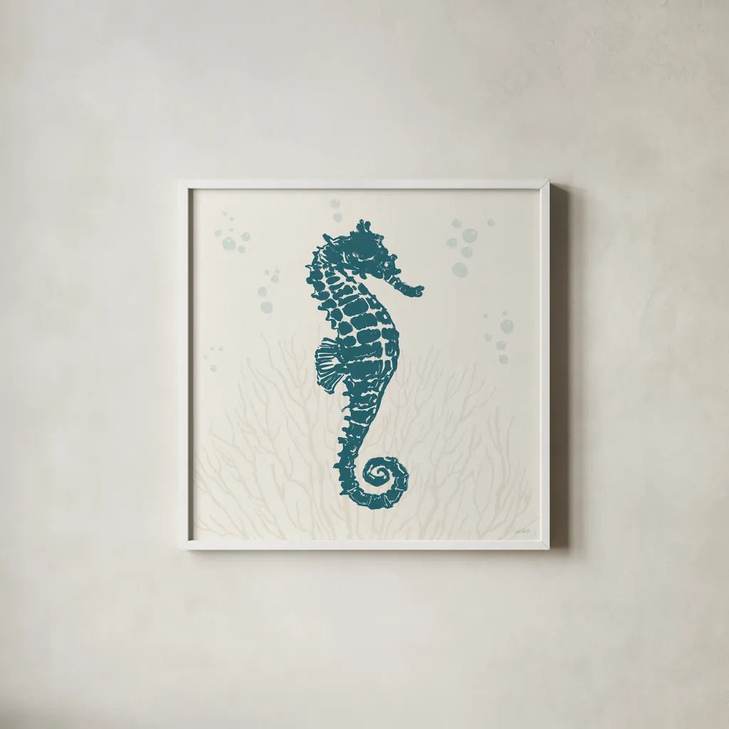 Seaside Style II Blue by Anne Tavoletti. Shown in a crisp white glass frame for a clean and minimalist style. Available as an archival giclee rolled canvas, fine art paper, or poster print. SKU 82962a.