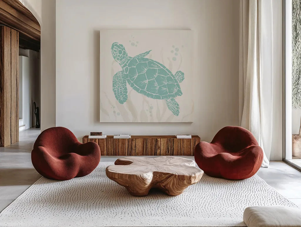 Seaside Style III by Anne Tavoletti. Shown as extra-large giant wall art in a modern living room. Available as an archival giclee rolled canvas, fine art paper, or poster print. SKU 80253a.