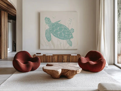 Seaside Style III by Anne Tavoletti. Shown as extra-large giant wall art in a modern living room. Available as an archival giclee rolled canvas, fine art paper, or poster print. SKU 80253a.