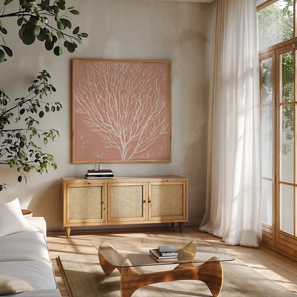 Seaside Style V by Anne Tavoletti. Shown in a natural wood frame in a cozy modern living room. Available as an archival giclee rolled canvas, fine art paper, or poster print. SKU 80255a.