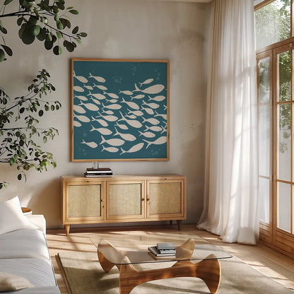 Seaside Style VI by Anne Tavoletti. Shown in a natural wood frame in a cozy modern living room. Available as an archival giclee rolled canvas, fine art paper, or poster print. SKU 80256a.