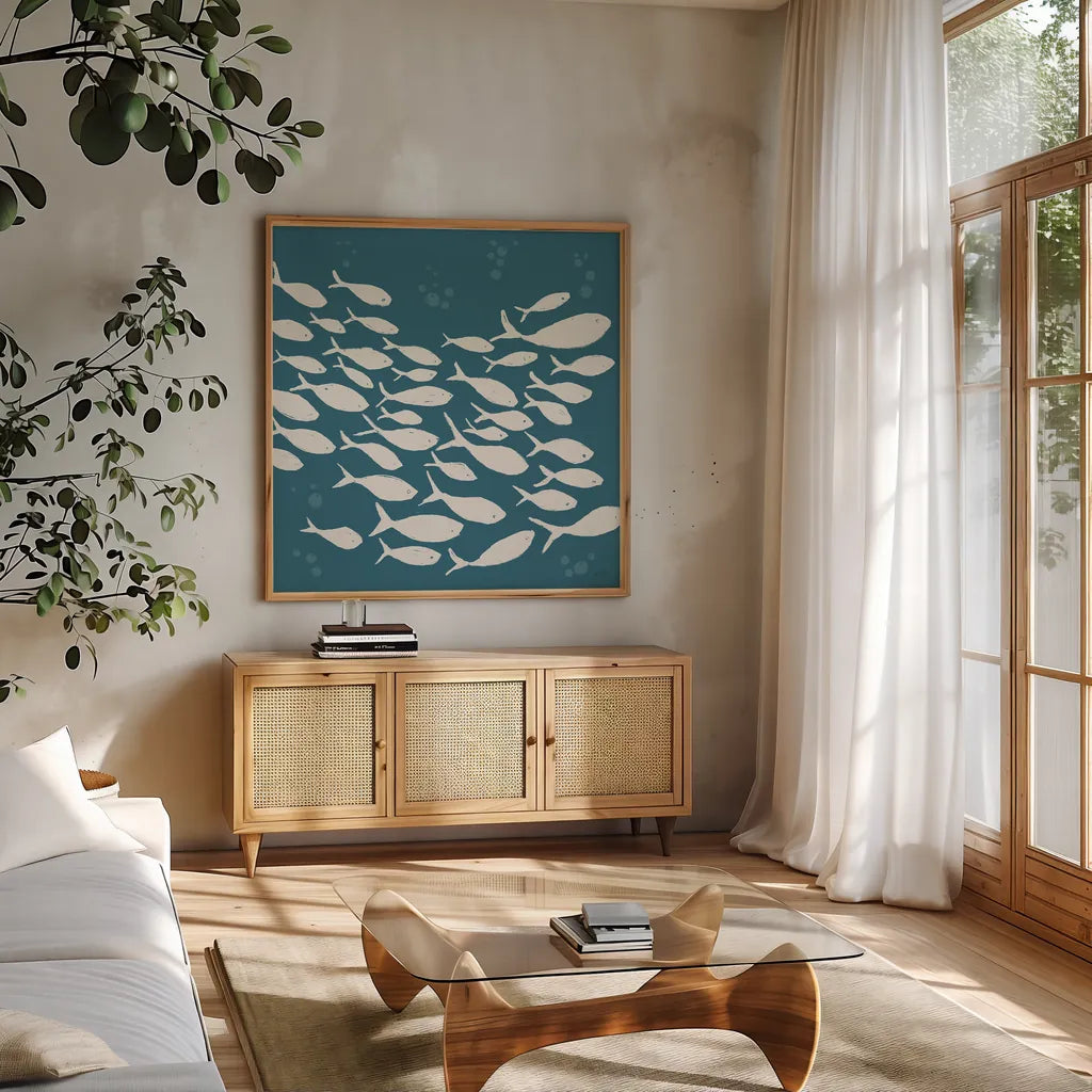 Seaside Style VI v2 by Anne Tavoletti. Shown in a natural wood frame in a cozy modern living room. Available as an archival giclee rolled canvas, fine art paper, or poster print. SKU 81080a.
