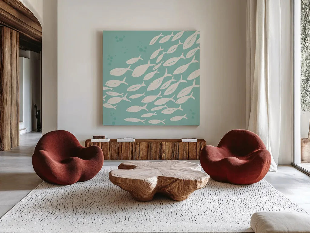 Seaside Style VII by Anne Tavoletti. Shown as extra-large giant wall art in a modern living room. Available as an archival giclee rolled canvas, fine art paper, or poster print. SKU 80257a.