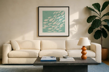 Seaside Style VII v2 by Anne Tavoletti. Displayed in a glass frame with matte in a clean modern living room. Available as an archival giclee rolled canvas, fine art paper, or poster print. SKU 81081a.