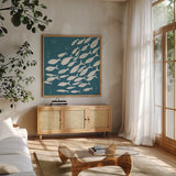 Seaside Style VII v2 Dark by Anne Tavoletti. Shown in a natural wood frame in a cozy modern living room. Available as an archival giclee rolled canvas, fine art paper, or poster print. SKU 100616a.