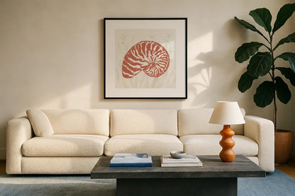 Seaside Style X by Anne Tavoletti. Displayed in a glass frame with matte in a clean modern living room. Available as an archival giclee rolled canvas, fine art paper, or poster print. SKU 80260a.