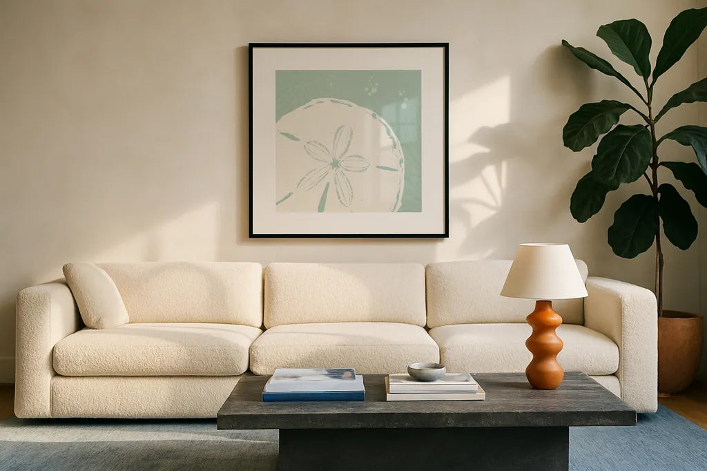 Seaside Style XII by Anne Tavoletti. Displayed in a glass frame with matte in a clean modern living room. Available as an archival giclee rolled canvas, fine art paper, or poster print. SKU 80262a.