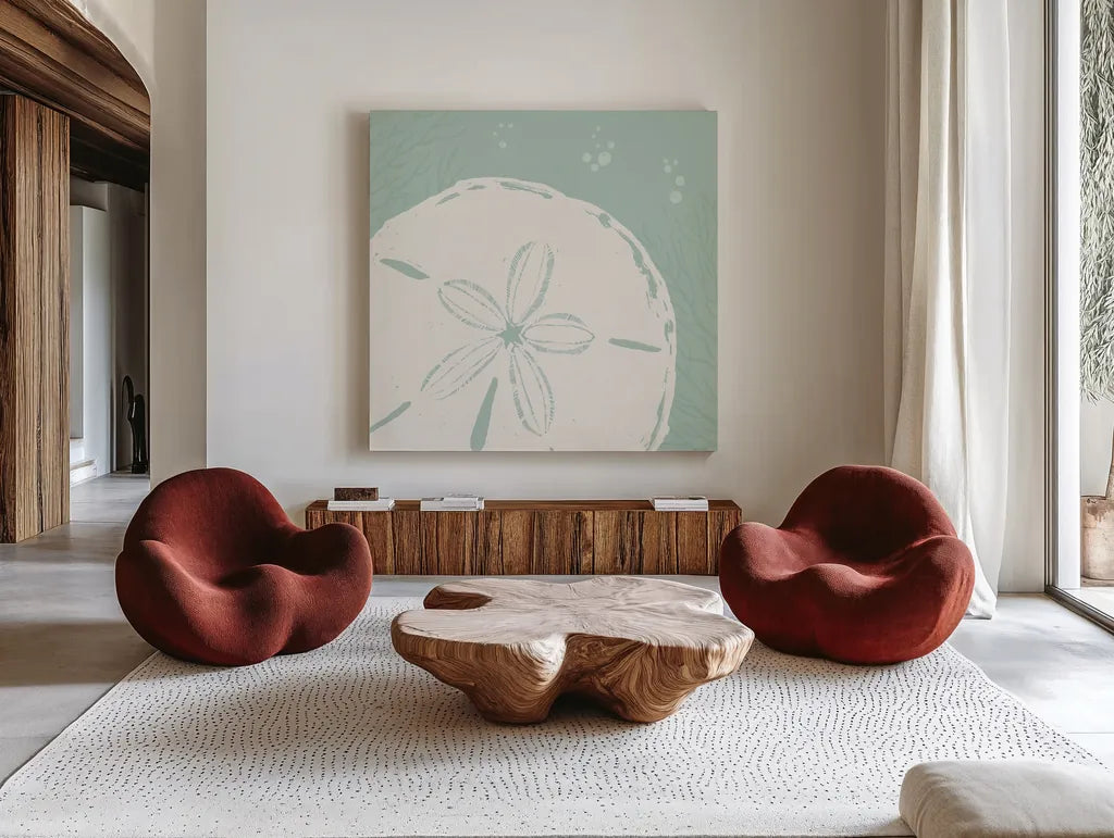 Seaside Style XII by Anne Tavoletti. Shown as extra-large giant wall art in a modern living room. Available as an archival giclee rolled canvas, fine art paper, or poster print. SKU 80262a.