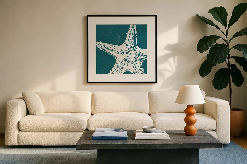 Seaside Style XIII by Anne Tavoletti. Displayed in a glass frame with matte in a clean modern living room. Available as an archival giclee rolled canvas, fine art paper, or poster print. SKU 80263a.