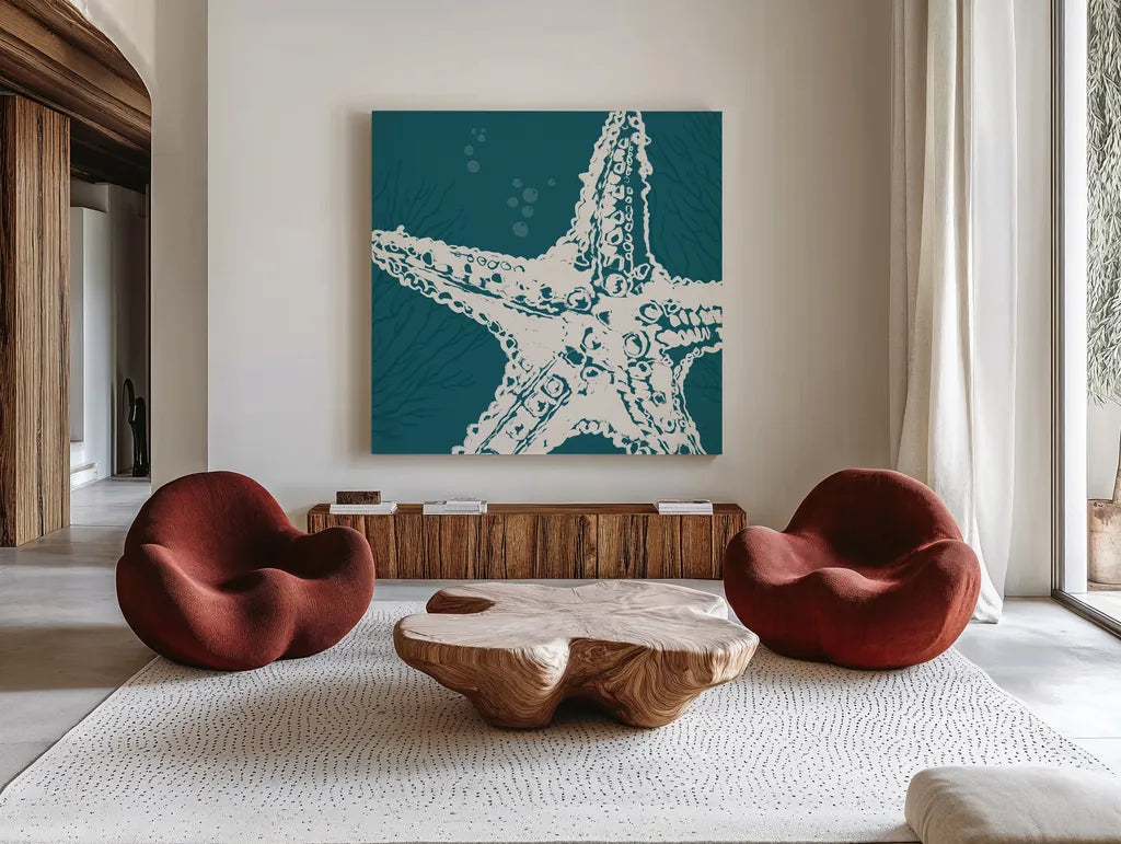 Seaside Style XIII by Anne Tavoletti. Shown as extra-large giant wall art in a modern living room. Available as an archival giclee rolled canvas, fine art paper, or poster print. SKU 80263a.