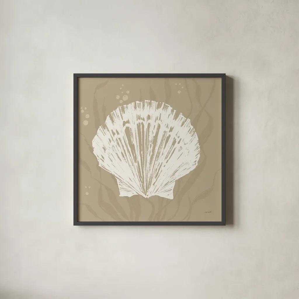 Seaside Style XV Shell by Anne Tavoletti. Shown in a sleek black glass frame for a contemporary gallery look. Available as an archival giclee rolled canvas, fine art paper, or poster print. SKU 81065a.