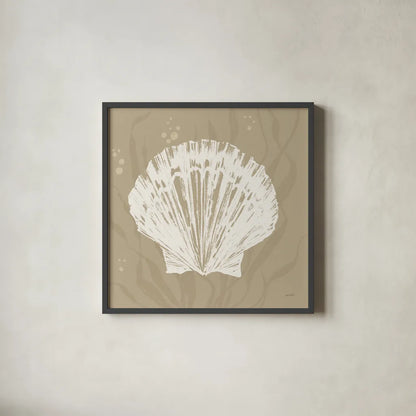 Seaside Style XV Shell by Anne Tavoletti. Shown in a sleek black glass frame for a contemporary gallery look. Available as an archival giclee rolled canvas, fine art paper, or poster print. SKU 81065a.