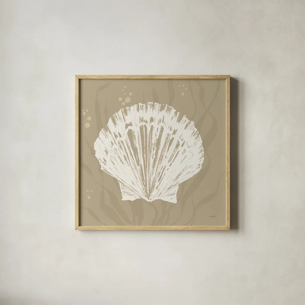 Seaside Style XV Shell by Anne Tavoletti. Shown in a natural wood glass frame for a timeless modern aesthetic. Available as an archival giclee rolled canvas, fine art paper, or poster print. SKU 81065a.