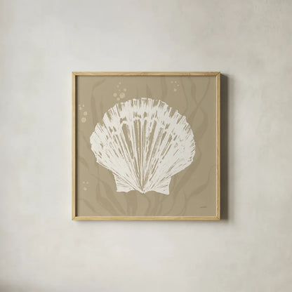 Seaside Style XV Shell by Anne Tavoletti. Shown in a natural wood glass frame for a timeless modern aesthetic. Available as an archival giclee rolled canvas, fine art paper, or poster print. SKU 81065a.