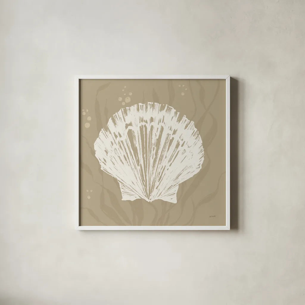Seaside Style XV Shell by Anne Tavoletti. Shown in a crisp white glass frame for a clean and minimalist style. Available as an archival giclee rolled canvas, fine art paper, or poster print. SKU 81065a.