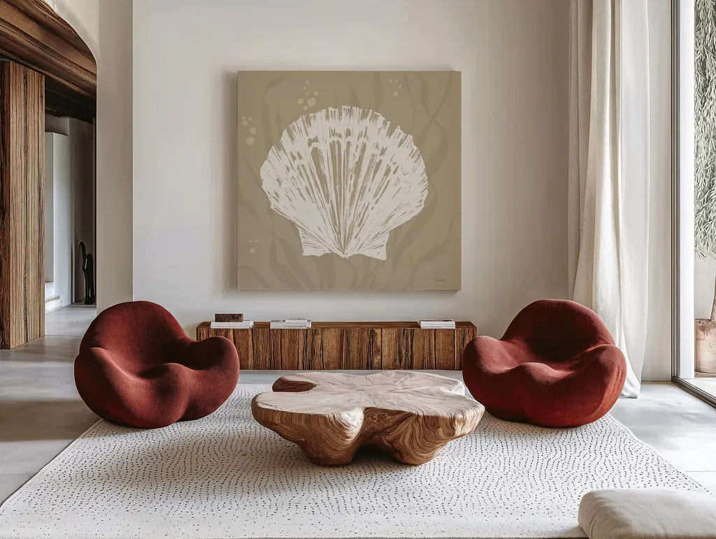 Seaside Style XV Shell by Anne Tavoletti. Shown as extra-large giant wall art in a modern living room. Available as an archival giclee rolled canvas, fine art paper, or poster print. SKU 81065a.