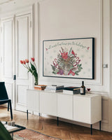 Seasonal Charm I by Anne Tavoletti. shown as a framed stretched canvas in a living room above a console. Available as a archival giclee rolled canvas, fine art paper, or poster print. SKU 36857i.