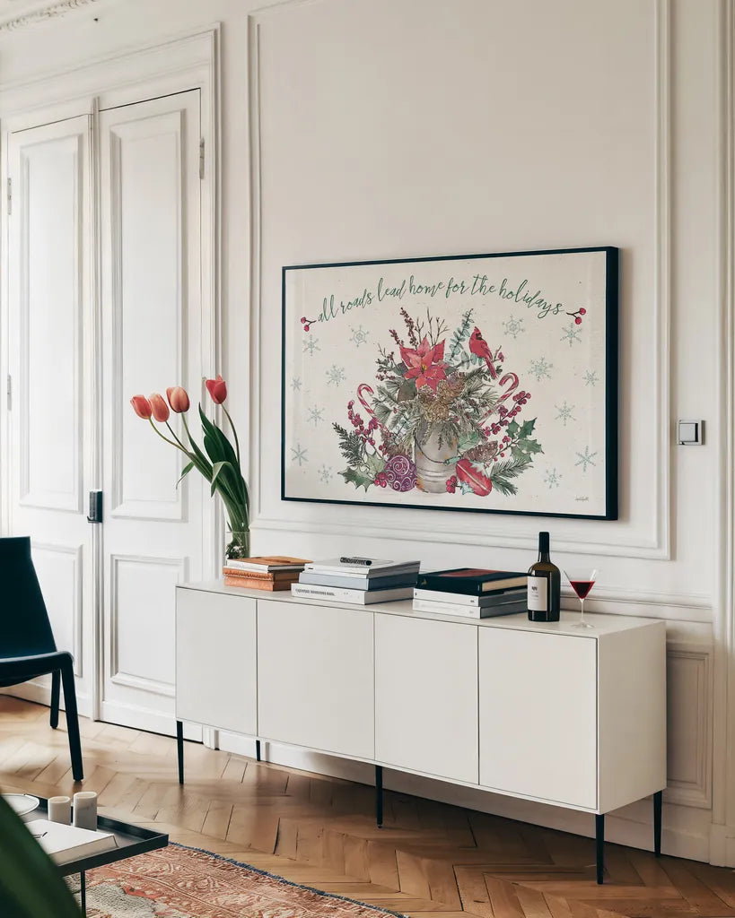 Seasonal Charm I by Anne Tavoletti. shown as a framed stretched canvas in a living room above a console. Available as a archival giclee rolled canvas, fine art paper, or poster print. SKU 36857i.