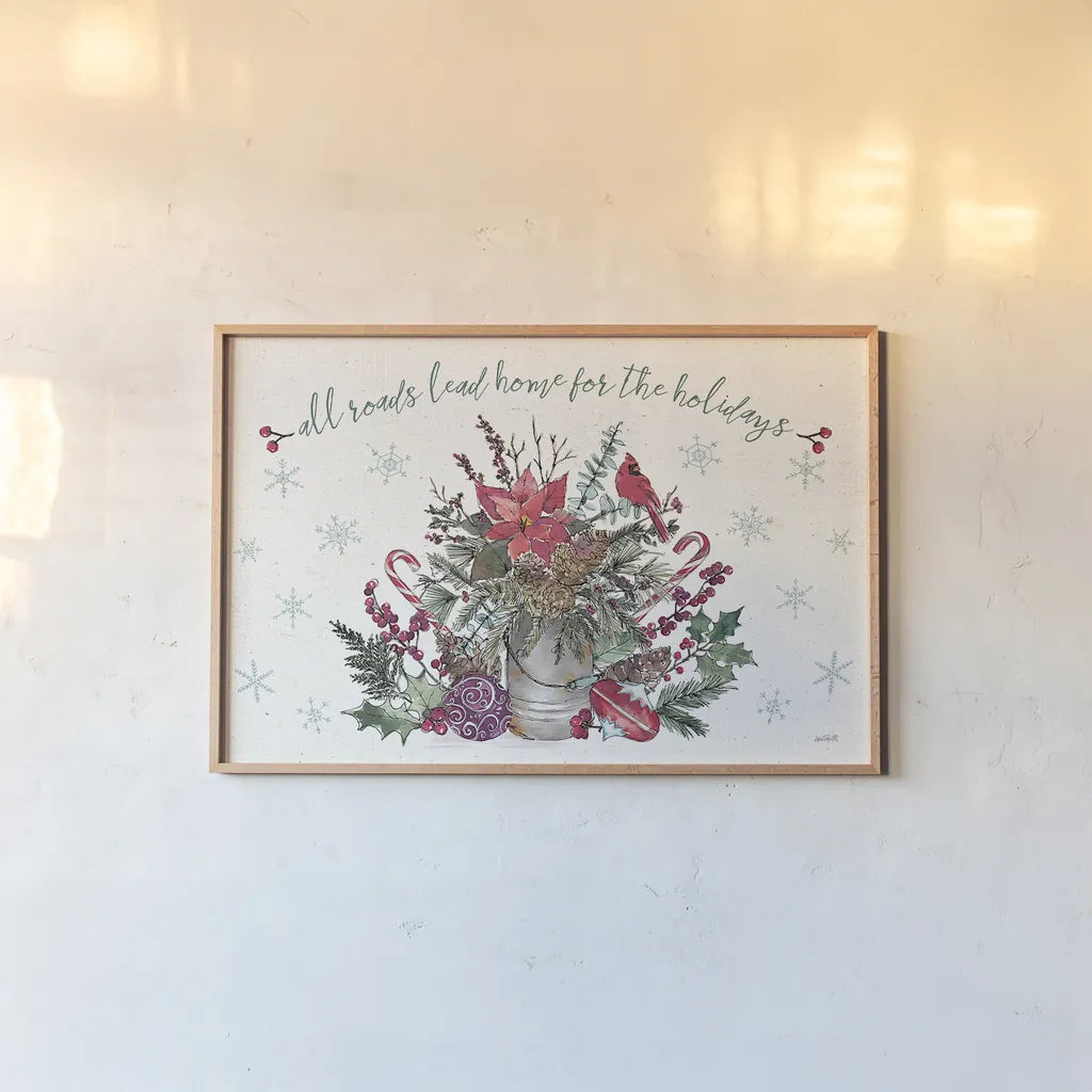 Seasonal Charm I by Anne Tavoletti. shown as a paper print in a natural frame. Available as a archival giclee rolled canvas, fine art paper, or poster print. SKU 36857i.