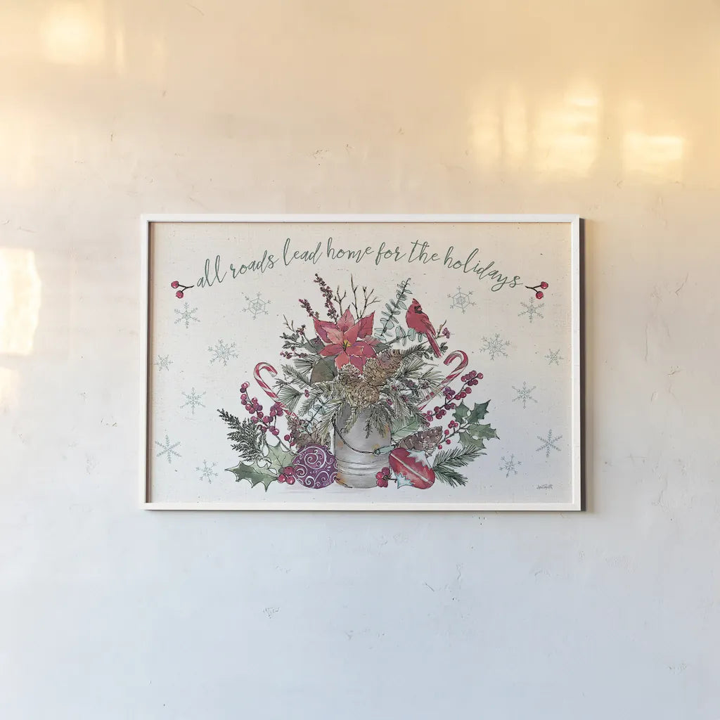 Seasonal Charm I by Anne Tavoletti. shown as a paper print in a white frame. Available as a archival giclee rolled canvas, fine art paper, or poster print. SKU 36857i.