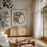 Seasonal Charm IV by Anne Tavoletti. Shown in a natural wood frame in a cozy modern living room. Available as an archival giclee rolled canvas, fine art paper, or poster print. SKU 36860a.