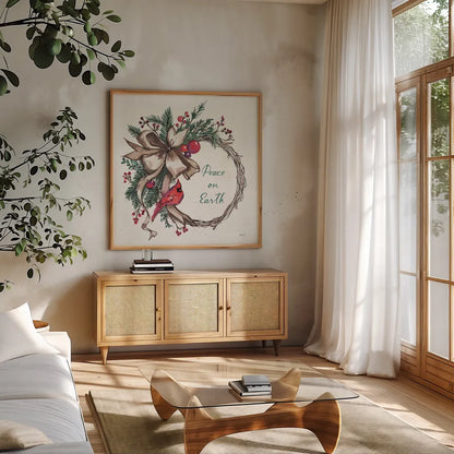 Seasonal Charm IV by Anne Tavoletti. Shown in a natural wood frame in a cozy modern living room. Available as an archival giclee rolled canvas, fine art paper, or poster print. SKU 36860a.