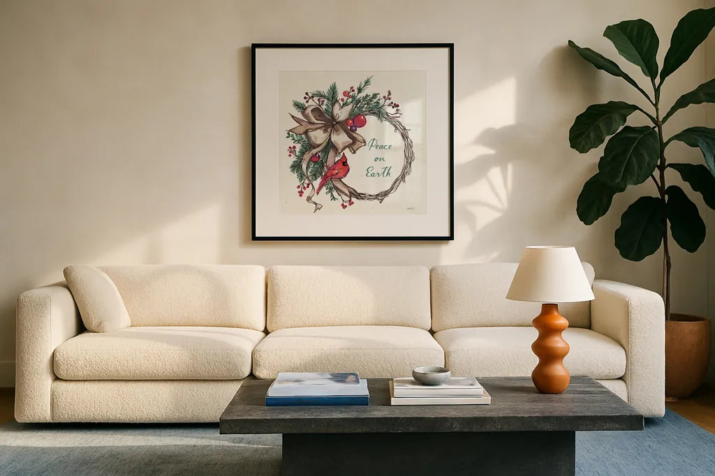 Seasonal Charm IV by Anne Tavoletti. Displayed in a glass frame with matte in a clean modern living room. Available as an archival giclee rolled canvas, fine art paper, or poster print. SKU 36860a.