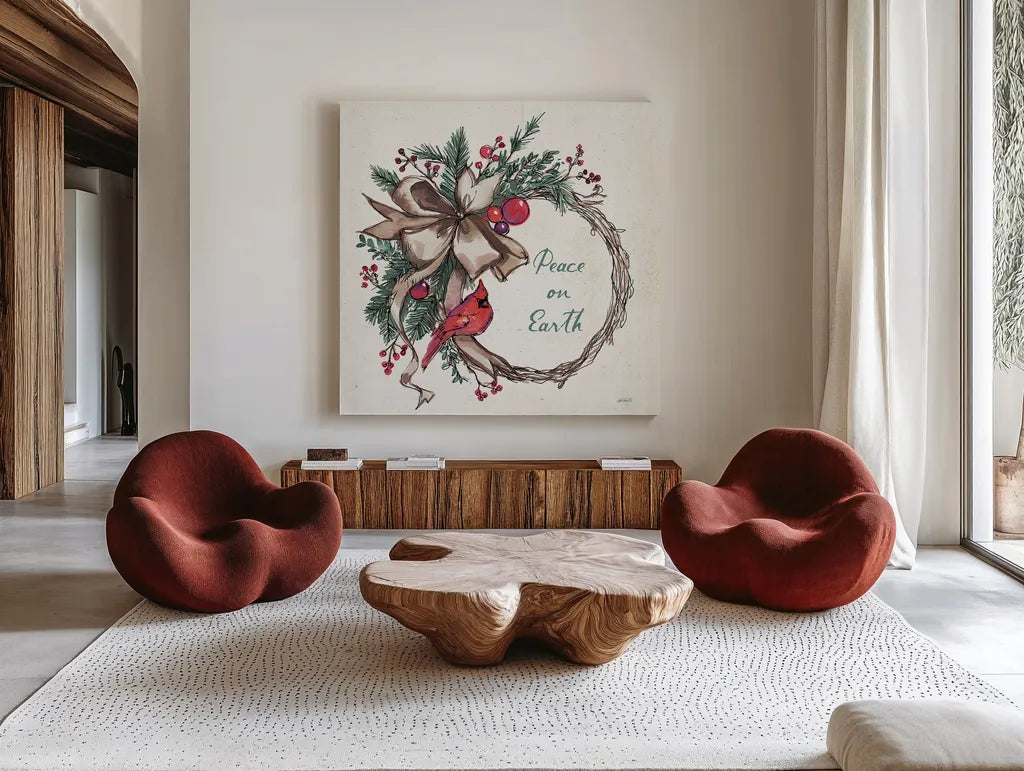 Seasonal Charm IV by Anne Tavoletti. Shown as extra-large giant wall art in a modern living room. Available as an archival giclee rolled canvas, fine art paper, or poster print. SKU 36860a.