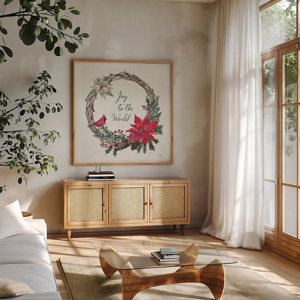 Seasonal Charm V by Anne Tavoletti. Shown in a natural wood frame in a cozy modern living room. Available as an archival giclee rolled canvas, fine art paper, or poster print. SKU 36861a.