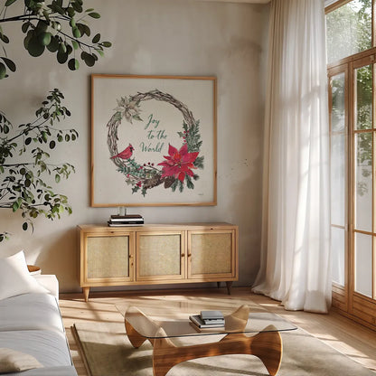 Seasonal Charm V by Anne Tavoletti. Shown in a natural wood frame in a cozy modern living room. Available as an archival giclee rolled canvas, fine art paper, or poster print. SKU 36861a.