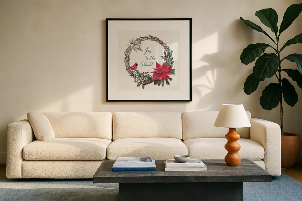 Seasonal Charm V by Anne Tavoletti. Displayed in a glass frame with matte in a clean modern living room. Available as an archival giclee rolled canvas, fine art paper, or poster print. SKU 36861a.