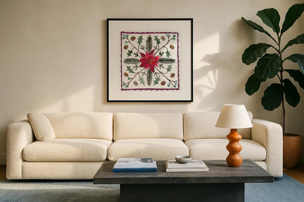Seasonal Charm VIII by Anne Tavoletti. Displayed in a glass frame with matte in a clean modern living room. Available as an archival giclee rolled canvas, fine art paper, or poster print. SKU 36864a.