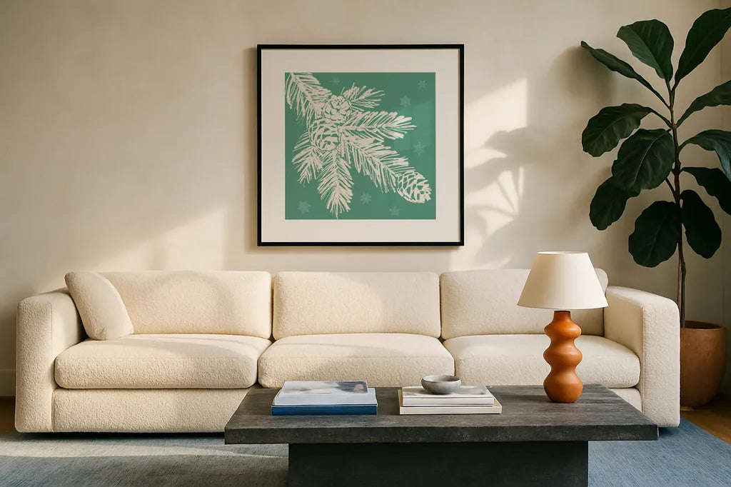 Seasonal Shades VI by Anne Tavoletti. Displayed in a glass frame with matte in a clean modern living room. Available as an archival giclee rolled canvas, fine art paper, or poster print. SKU 81764a.
