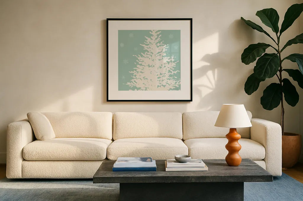 Seasonal Shades VII by Anne Tavoletti. Displayed in a glass frame with matte in a clean modern living room. Available as an archival giclee rolled canvas, fine art paper, or poster print. SKU 81765a.