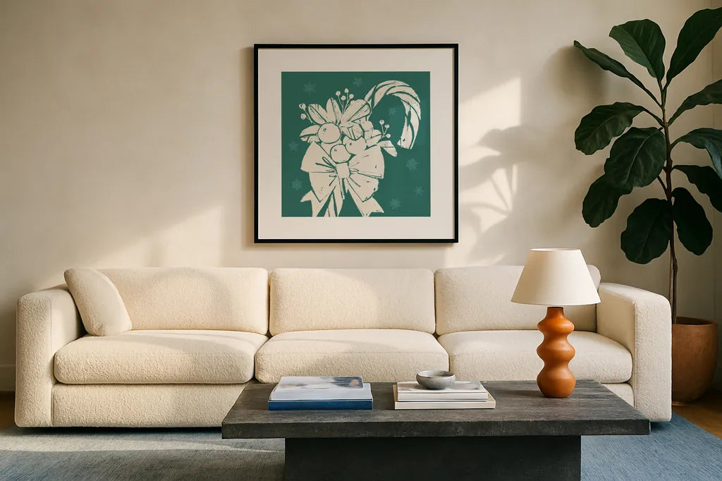 Seasonal Shades XII by Anne Tavoletti. Displayed in a glass frame with matte in a clean modern living room. Available as an archival giclee rolled canvas, fine art paper, or poster print. SKU 81770a.