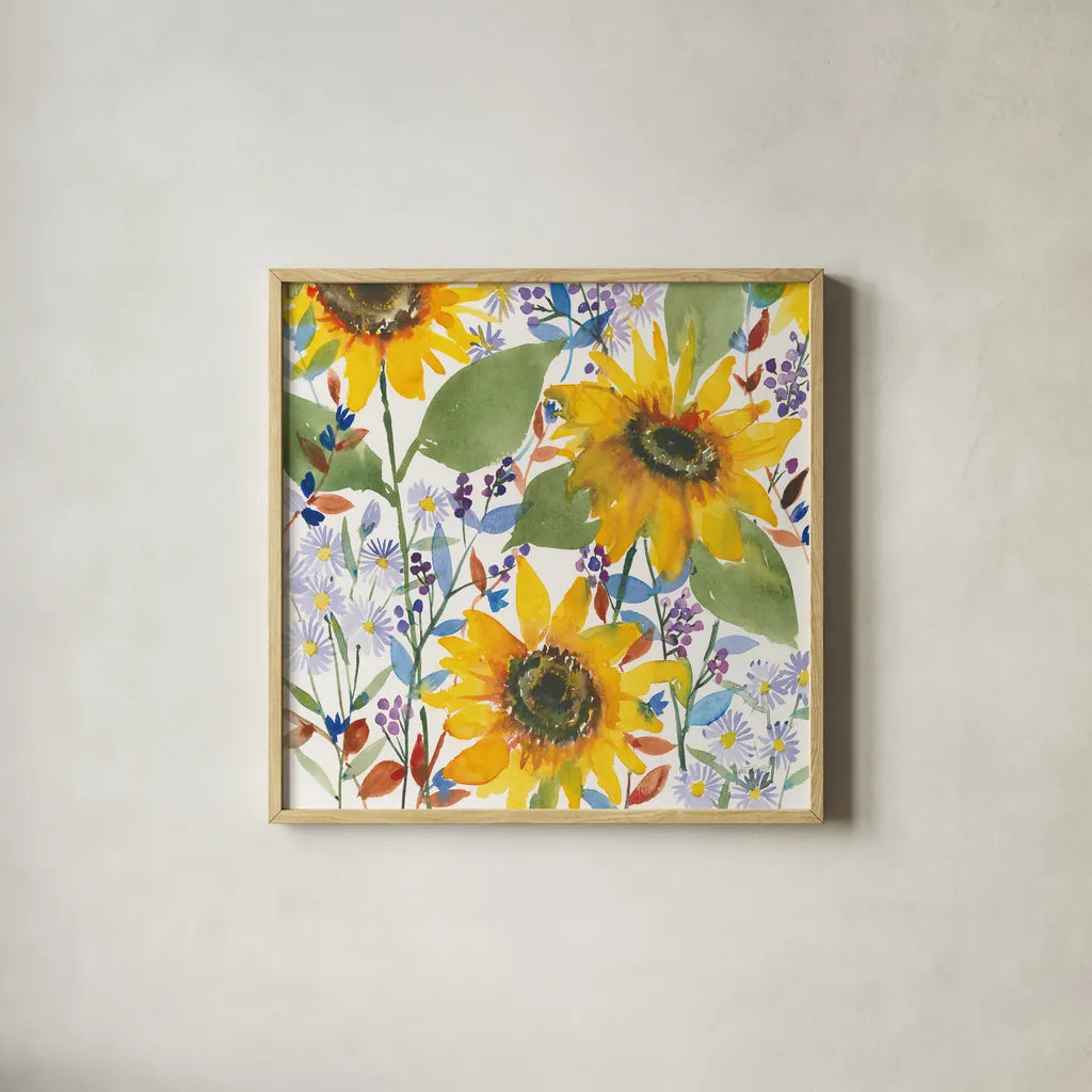 September Flowers by Anne Tavoletti. Shown in a natural wood glass frame for a timeless modern aesthetic. Available as an archival giclee rolled canvas, fine art paper, or poster print. SKU 59352a.