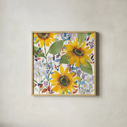September Flowers by Anne Tavoletti. Shown in a natural wood glass frame for a timeless modern aesthetic. Available as an archival giclee rolled canvas, fine art paper, or poster print. SKU 59352a.