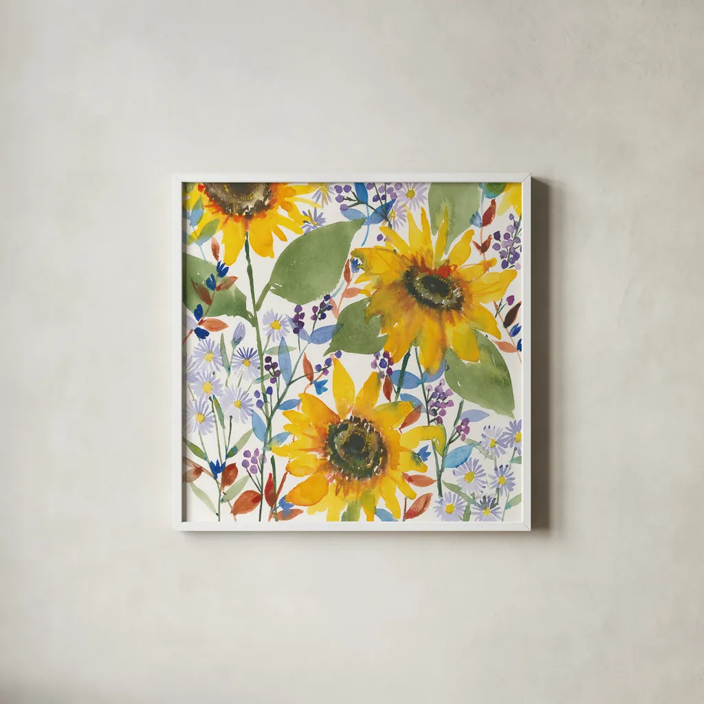 September Flowers by Anne Tavoletti. Shown in a crisp white glass frame for a clean and minimalist style. Available as an archival giclee rolled canvas, fine art paper, or poster print. SKU 59352a.