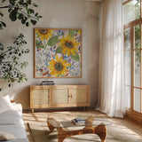 September Flowers by Anne Tavoletti. Shown in a natural wood frame in a cozy modern living room. Available as an archival giclee rolled canvas, fine art paper, or poster print. SKU 59352a.