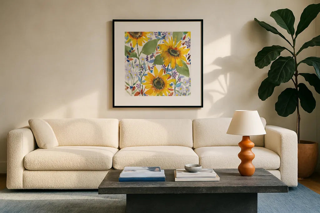 September Flowers by Anne Tavoletti. Displayed in a glass frame with matte in a clean modern living room. Available as an archival giclee rolled canvas, fine art paper, or poster print. SKU 59352a.