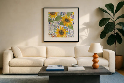September Flowers by Anne Tavoletti. Displayed in a glass frame with matte in a clean modern living room. Available as an archival giclee rolled canvas, fine art paper, or poster print. SKU 59352a.