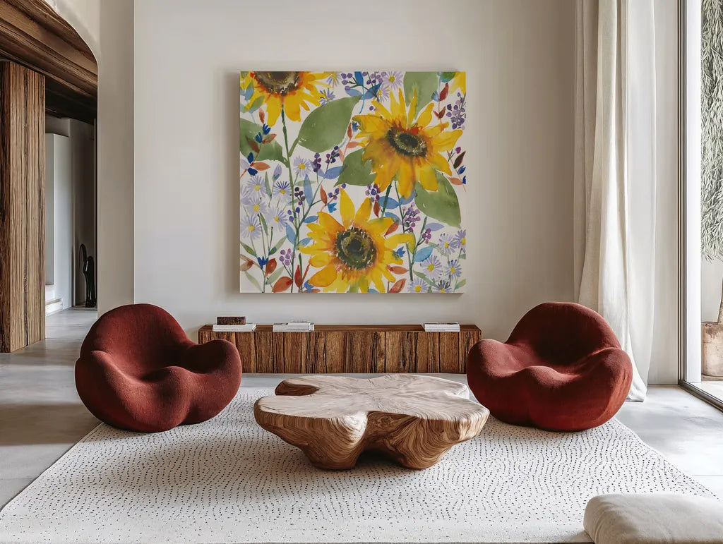 September Flowers by Anne Tavoletti. Shown as extra-large giant wall art in a modern living room. Available as an archival giclee rolled canvas, fine art paper, or poster print. SKU 59352a.