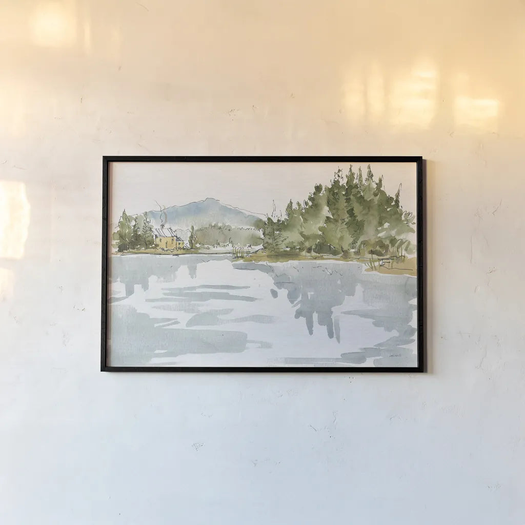 Serene Lake I by Anne Tavoletti. shown as a paper print in a black flame. Available as a archival giclee rolled canvas, fine art paper, or poster print. SKU 72230i.