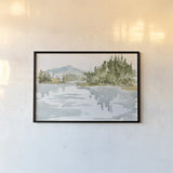 Serene Lake I by Anne Tavoletti. shown as a paper print in a black flame. Available as a archival giclee rolled canvas, fine art paper, or poster print. SKU 72230i.