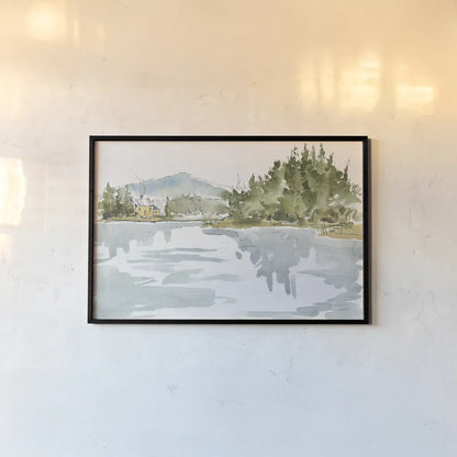 Serene Lake I by Anne Tavoletti. shown as a paper print in a black flame. Available as a archival giclee rolled canvas, fine art paper, or poster print. SKU 72230i.