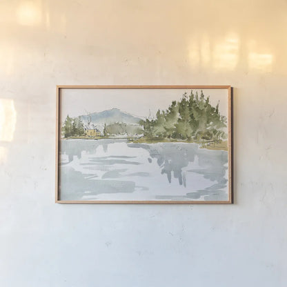 Serene Lake I by Anne Tavoletti. shown as a paper print in a natural frame. Available as a archival giclee rolled canvas, fine art paper, or poster print. SKU 72230i.