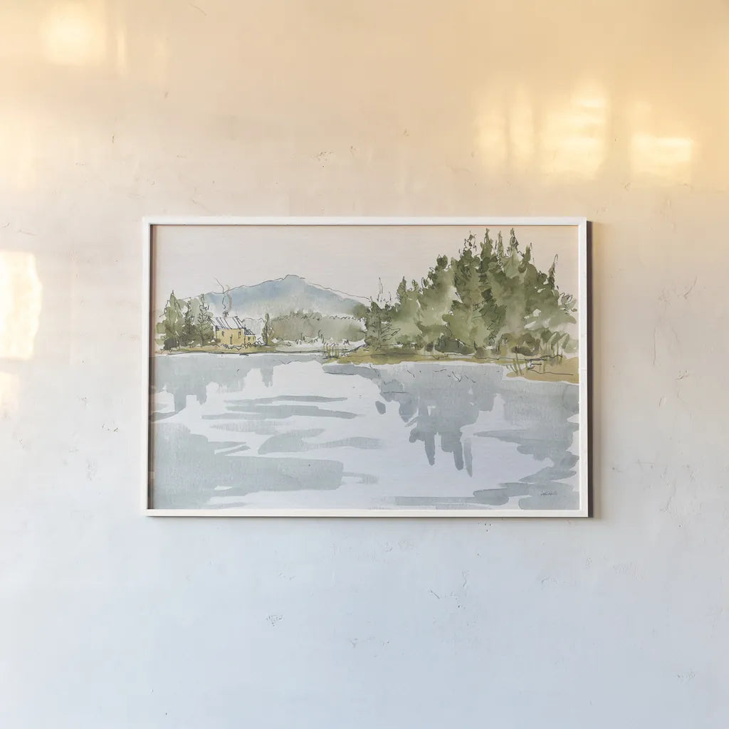 Serene Lake I by Anne Tavoletti. shown as a paper print in a white frame. Available as a archival giclee rolled canvas, fine art paper, or poster print. SKU 72230i.