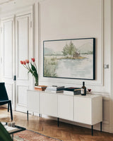 Serene Lake II by Anne Tavoletti. shown as a framed stretched canvas in a living room above a console. Available as a archival giclee rolled canvas, fine art paper, or poster print. SKU 72231i.
