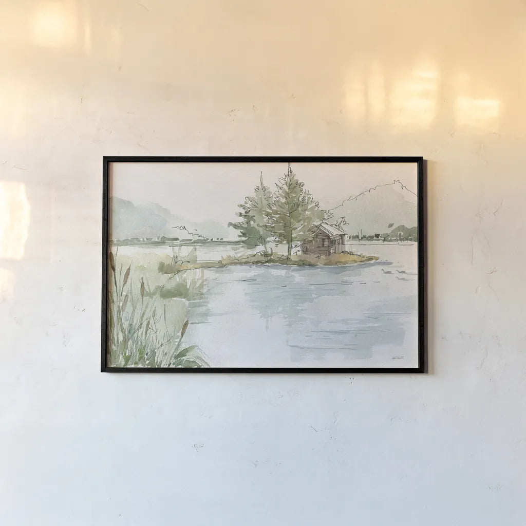 Serene Lake II by Anne Tavoletti. shown as a paper print in a black flame. Available as a archival giclee rolled canvas, fine art paper, or poster print. SKU 72231i.